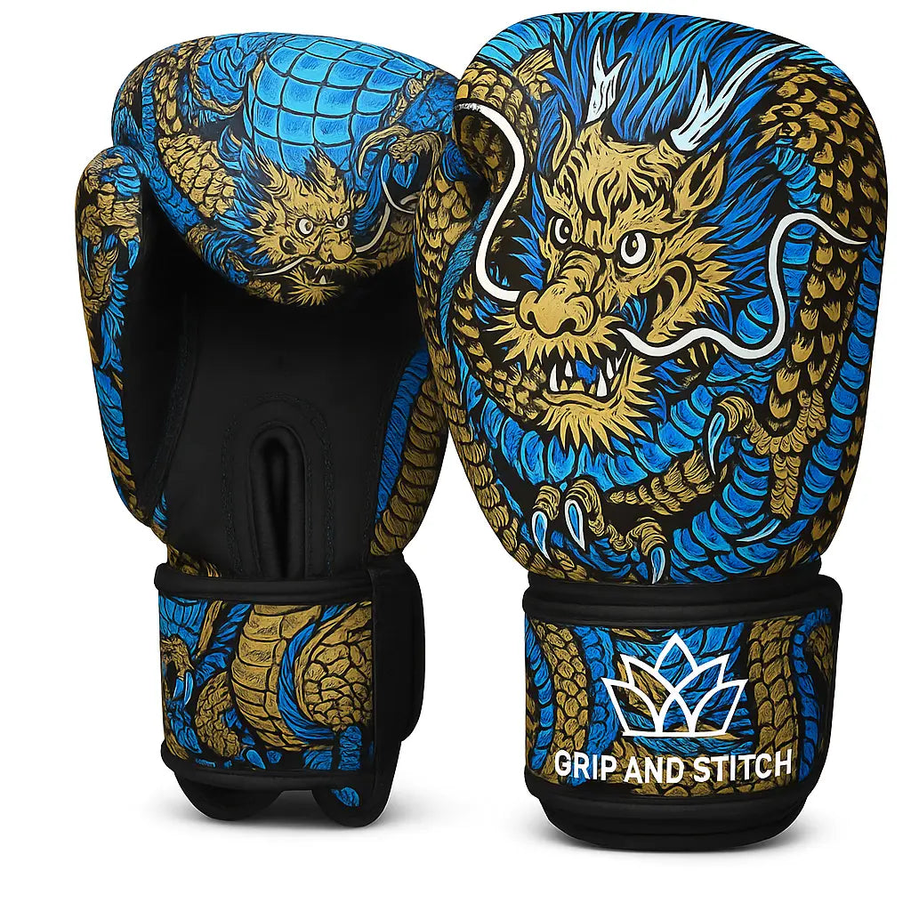Dragon Boxing Gloves | Artistic Blue & Gold Design | Premium Leather Sparring, Kickboxing & Muay Thai Training Gloves | Wrist Support | Breathable & Durable