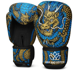 Dragon Boxing Gloves | Artistic Blue & Gold Design | Premium Leather Sparring, Kickboxing & Muay Thai Training Gloves | Wrist Support | Breathable & Durable
