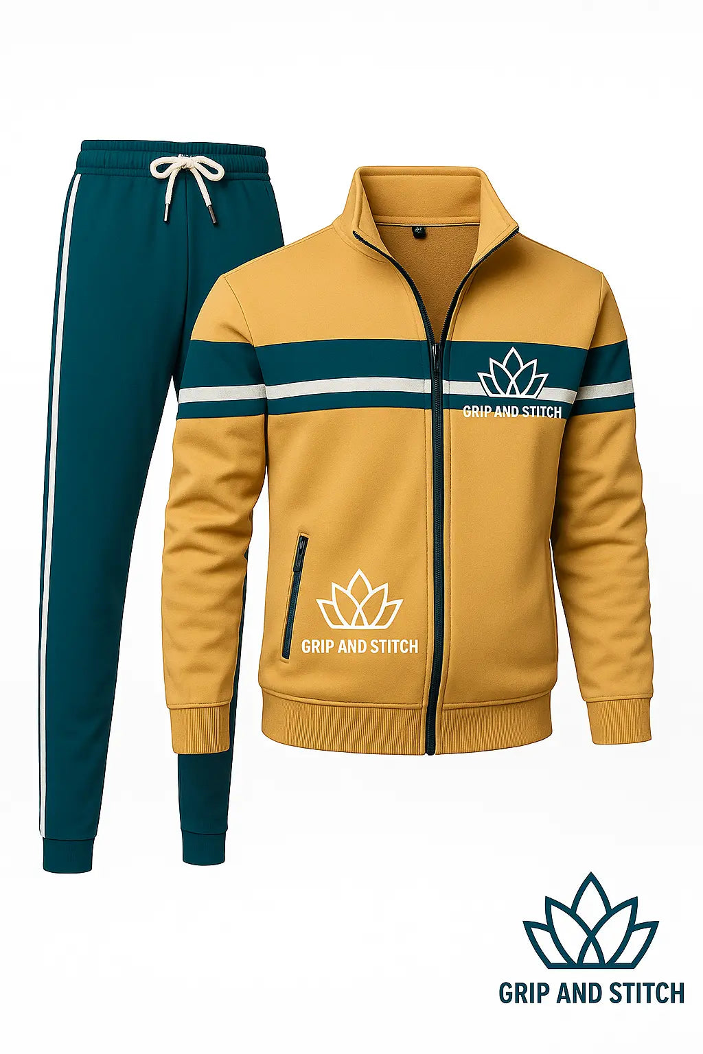 Retro Style Mustard & Teal Track Suit with Stripe Detail – Unisex Sportswear Set